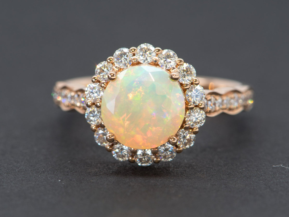Ethiopian Opal Moissanite Halo Engagement Ring 14K Rose Gold Half Eternity Shank Pave AD1849-1 Aurora Designer