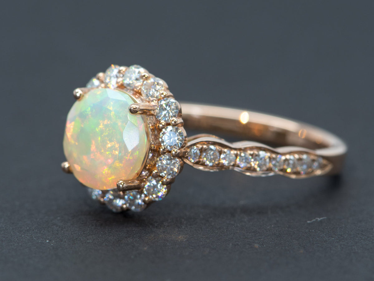Ethiopian Opal Moissanite Halo Engagement Ring 14K Rose Gold Half Eternity Shank Pave AD1849-1 Aurora Designer