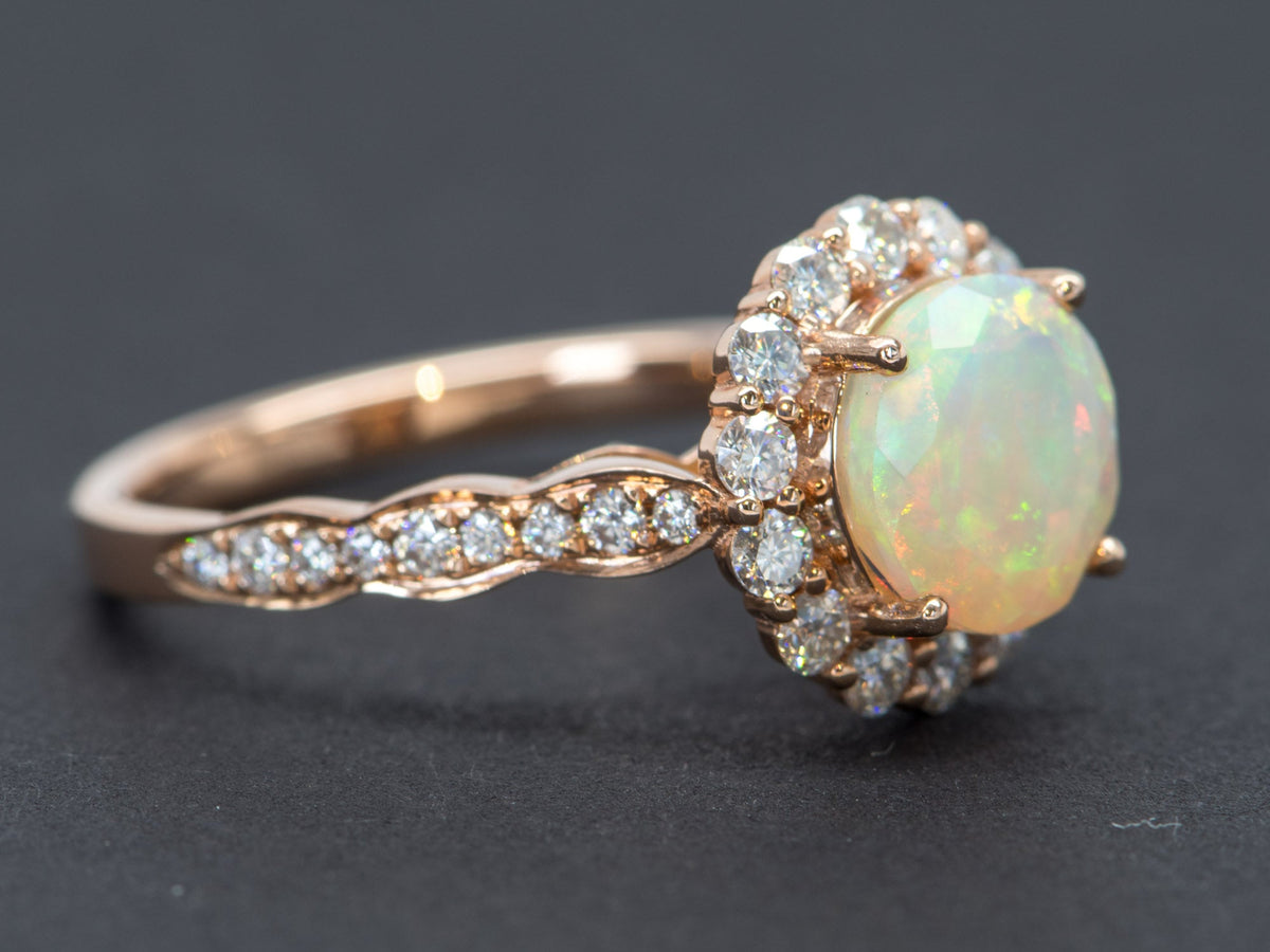 Ethiopian Opal Moissanite Halo Engagement Ring 14K Rose Gold Half Eternity Shank Pave AD1849-1 Aurora Designer