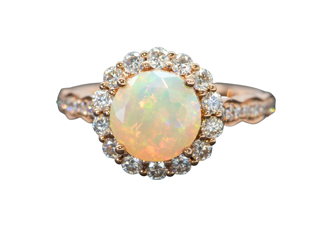 Ethiopian Opal Moissanite Halo Engagement Ring 14K Rose Gold Half Eternity Shank Pave AD1849-1 Aurora Designer