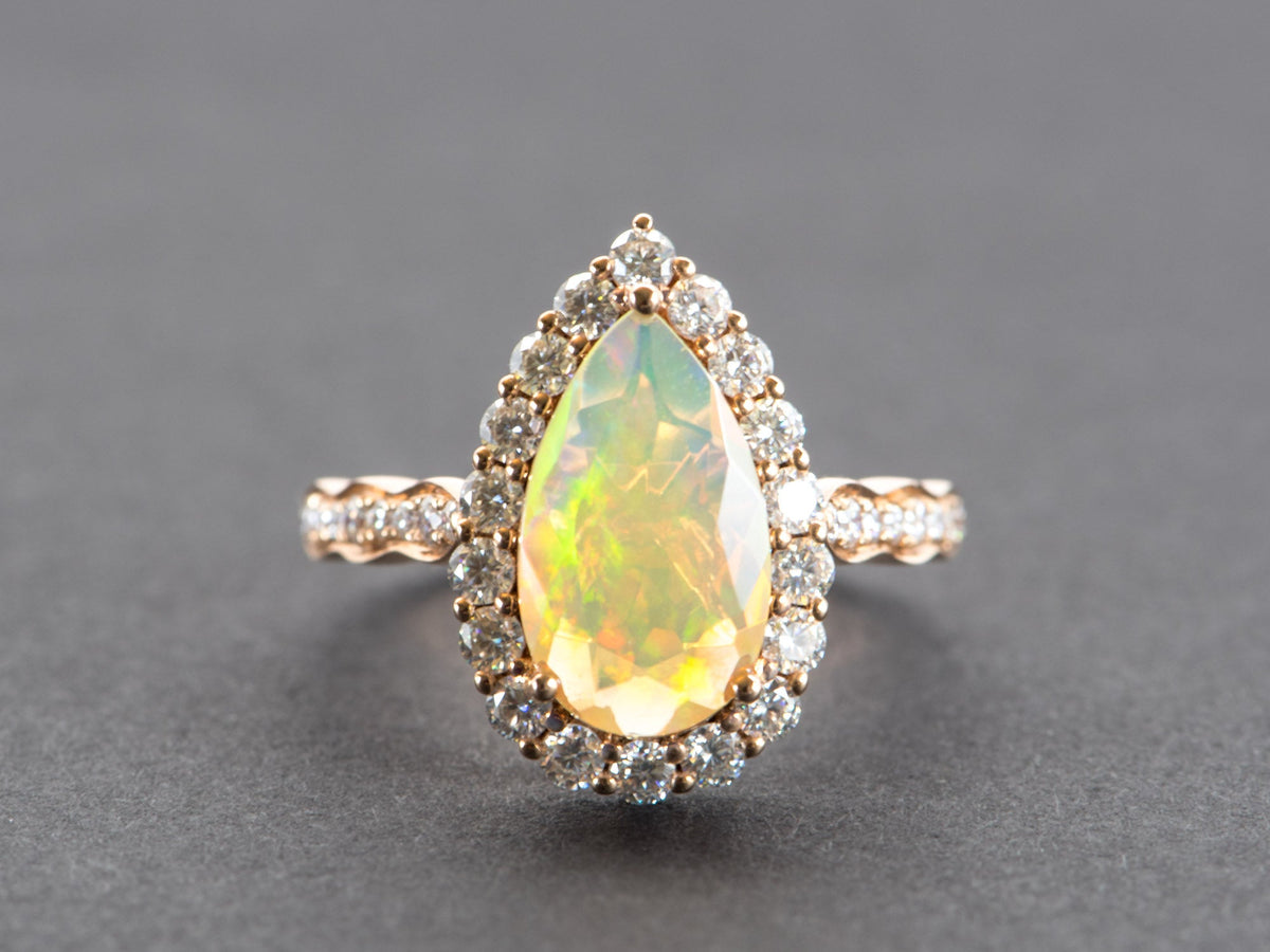 Ethiopian Opal Moissanite Halo Engagement Ring 14K Rose Gold Half Eternity Shank Pave AD1849-2 Aurora Designer
