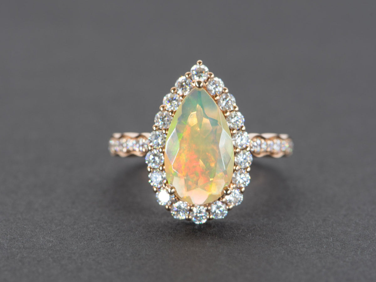 Ethiopian Opal Moissanite Halo Engagement Ring 14K Rose Gold Half Eternity Shank Pave AD1849-2 Aurora Designer