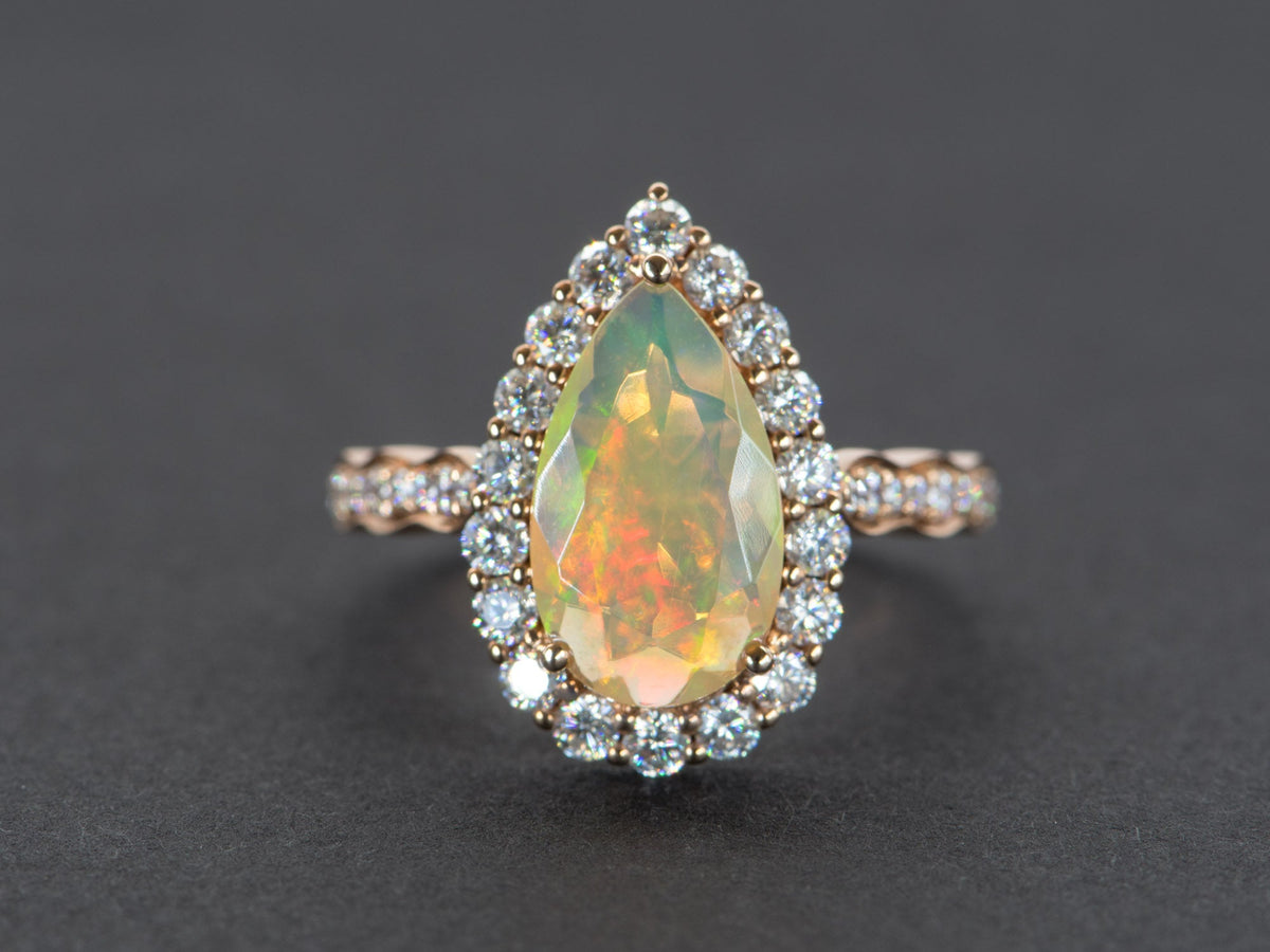 Ethiopian Opal Moissanite Halo Engagement Ring 14K Rose Gold Half Eternity Shank Pave AD1849-2 Aurora Designer