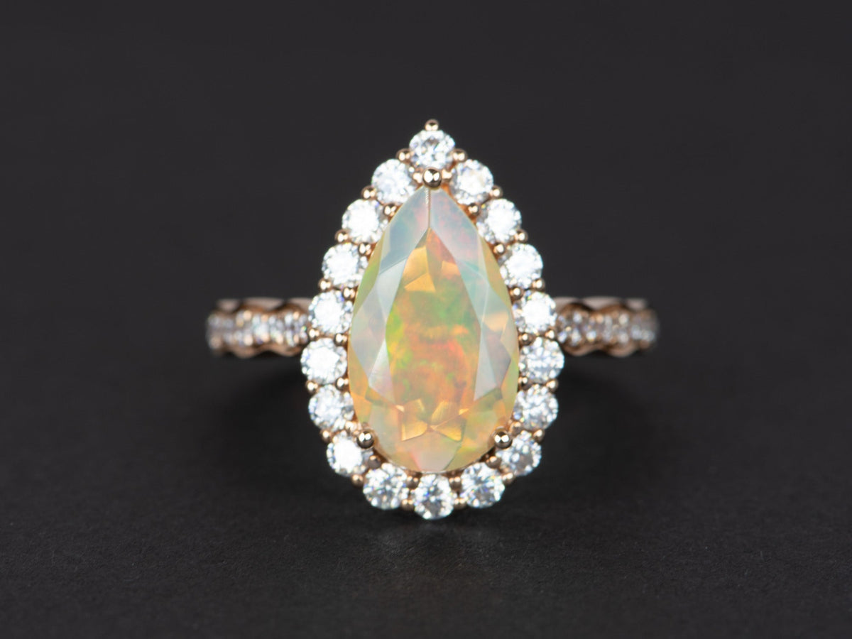 Ethiopian Opal Moissanite Halo Engagement Ring 14K Rose Gold Half Eternity Shank Pave AD1849-2 Aurora Designer