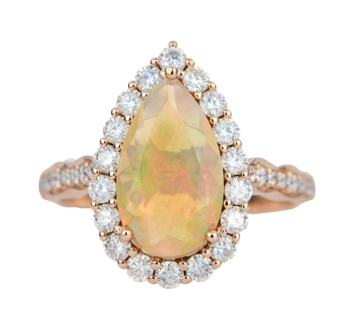 Ethiopian Opal Moissanite Halo Engagement Ring 14K Rose Gold Half Eternity Shank Pave AD1849-2 Aurora Designer