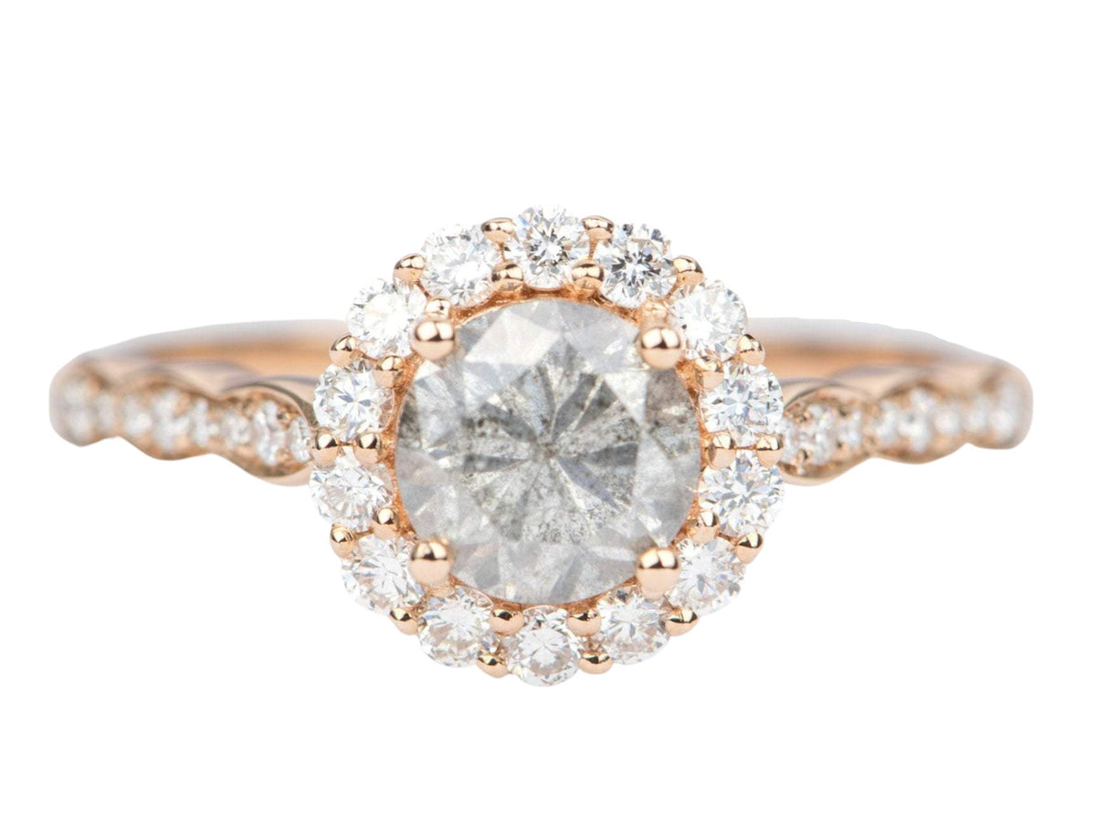 Round Brilliant Cut Salt and Pepper Diamond Halo 14K Rose Gold Engagement Ring Scallop AD1849-4 Aurora Designer