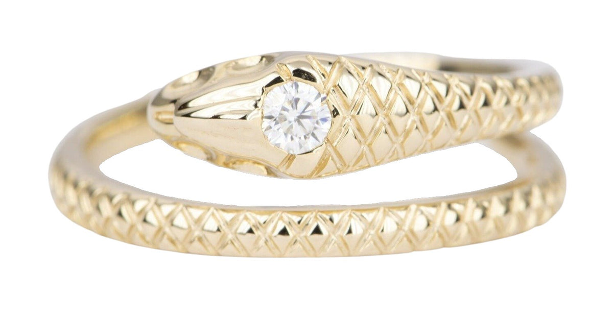 Snake Coil Serpent Solid 14K Gold Ring Open End Moissanite Head Diamond Alternative AD1851 Aurora Designer