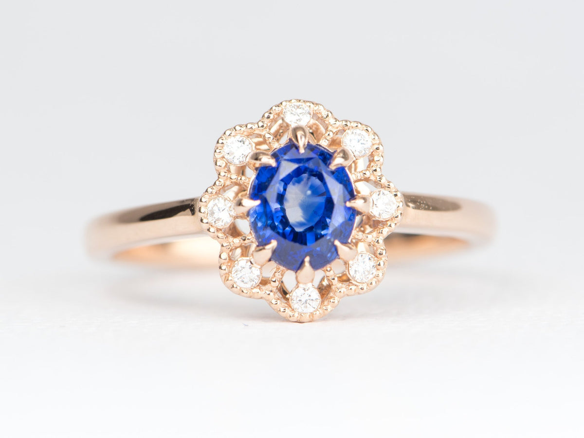 1.25ct Cornflower Blue Sapphire with Diamond Halo Engagement Ring 14K Rose Gold AD1877-4 Aurora Designer
