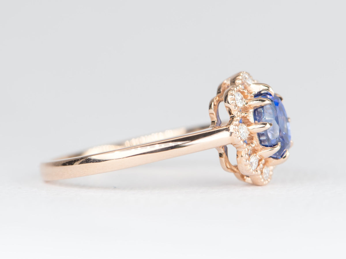 1.25ct Cornflower Blue Sapphire with Diamond Halo Engagement Ring 14K Rose Gold AD1877-4 Aurora Designer