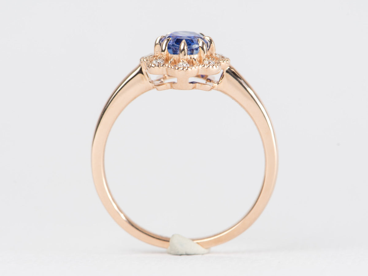 1.25ct Cornflower Blue Sapphire with Diamond Halo Engagement Ring 14K Rose Gold AD1877-4 Aurora Designer