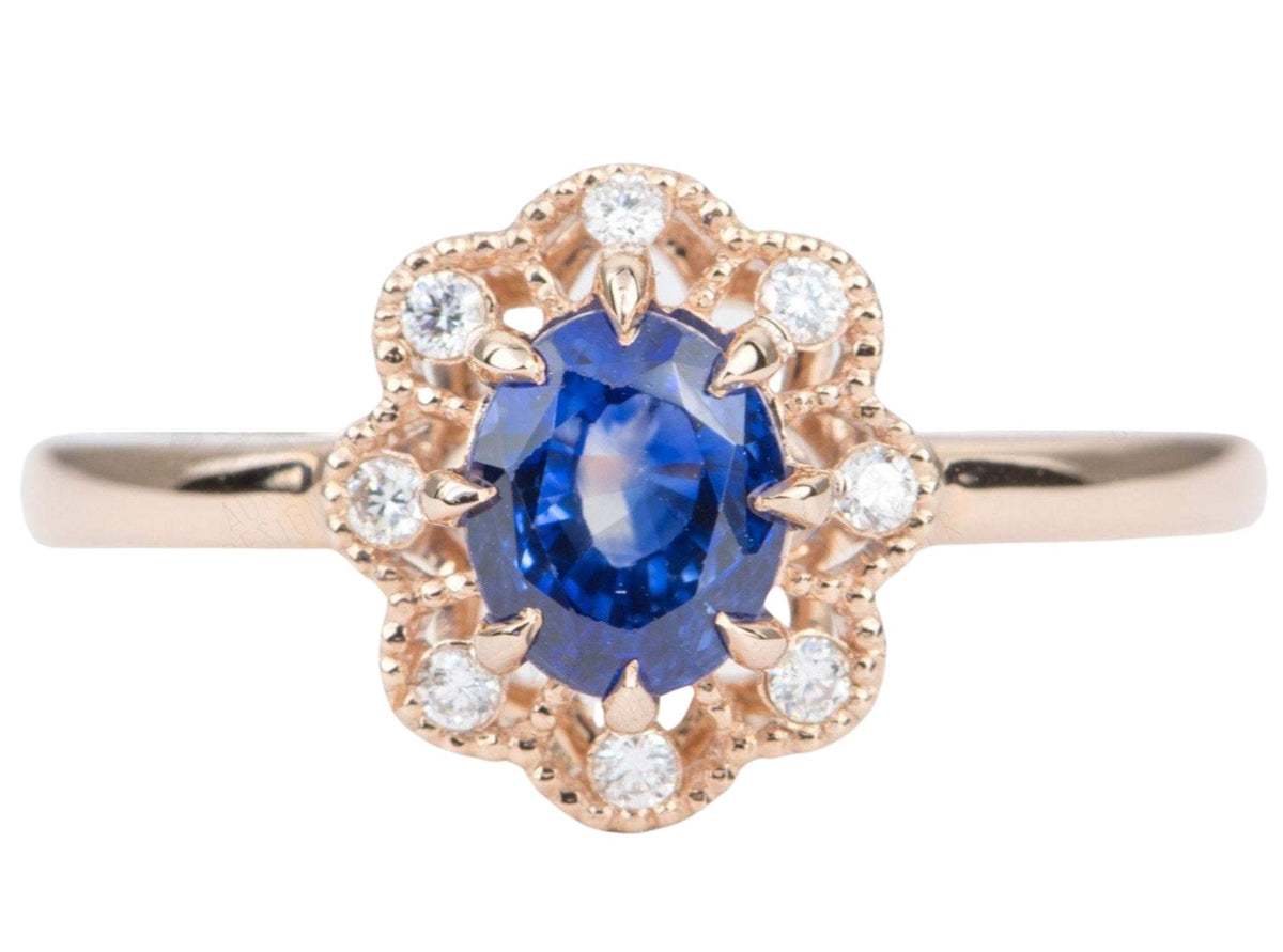 1.33ctw Blue Sapphire Diamond Halo Engagement Ring 14K Rose Gold Cornflower Milgrain AD1877-4 Aurora Designer