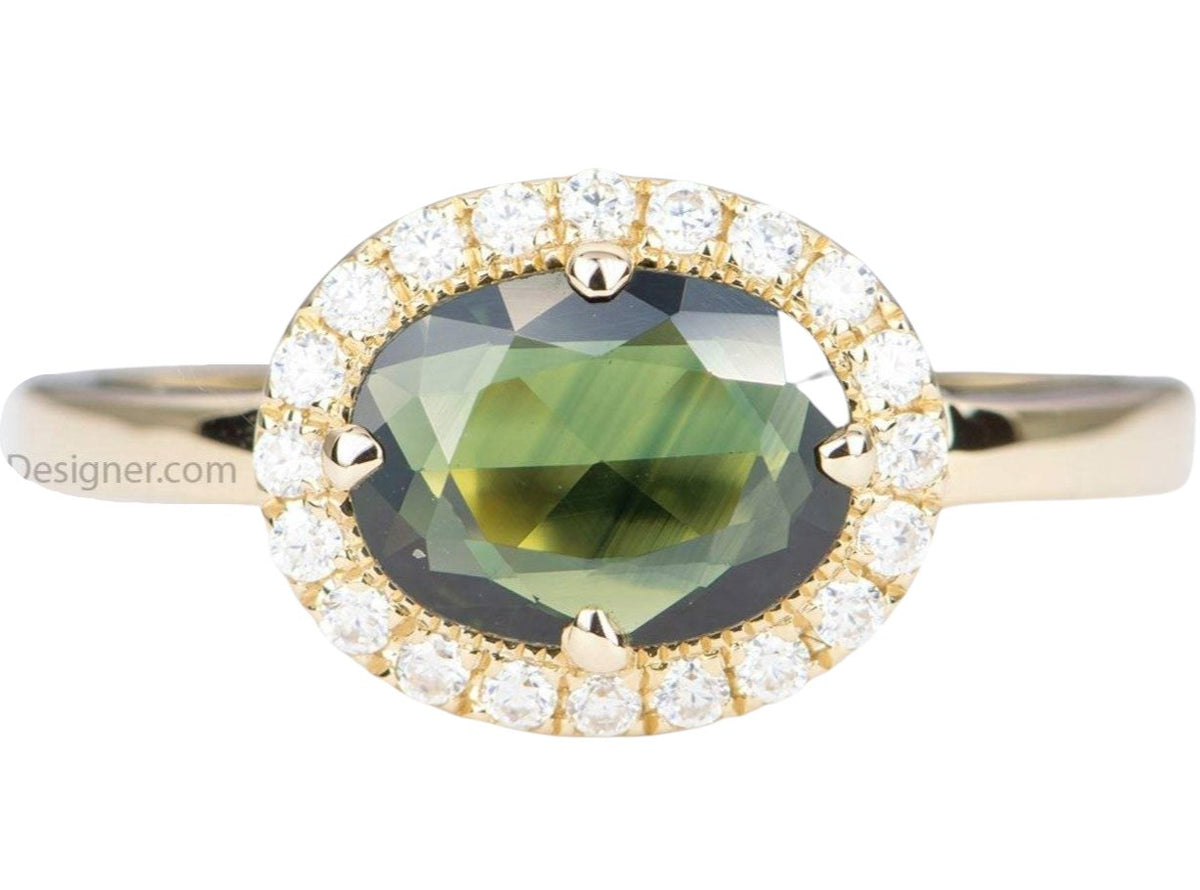 1.16ct Oval Shape Green Sapphire 14K Yellow Gold Engagement Ring Moissanite Halo AD1891 Aurora Designer