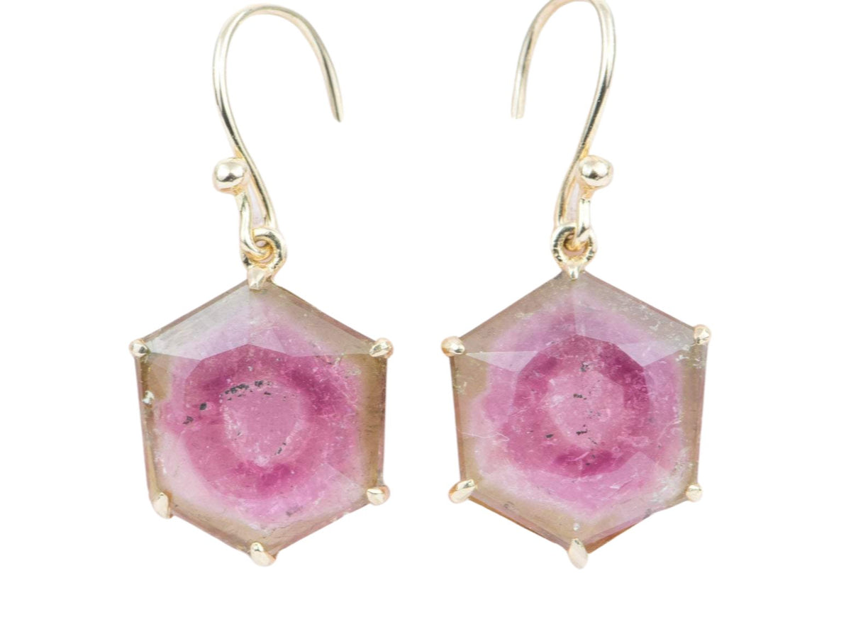 9.45ct Watermelon Tourmaline Dangle Earrings 14K Yellow Gold Hexagon Shape Geometric Unique AD1912 Aurora Designer