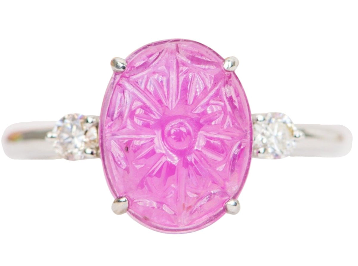 Oval Ruby Carving with Diamond Sides 14K White Gold Ring Red Pink Nature Floral AD1917 Aurora Designer