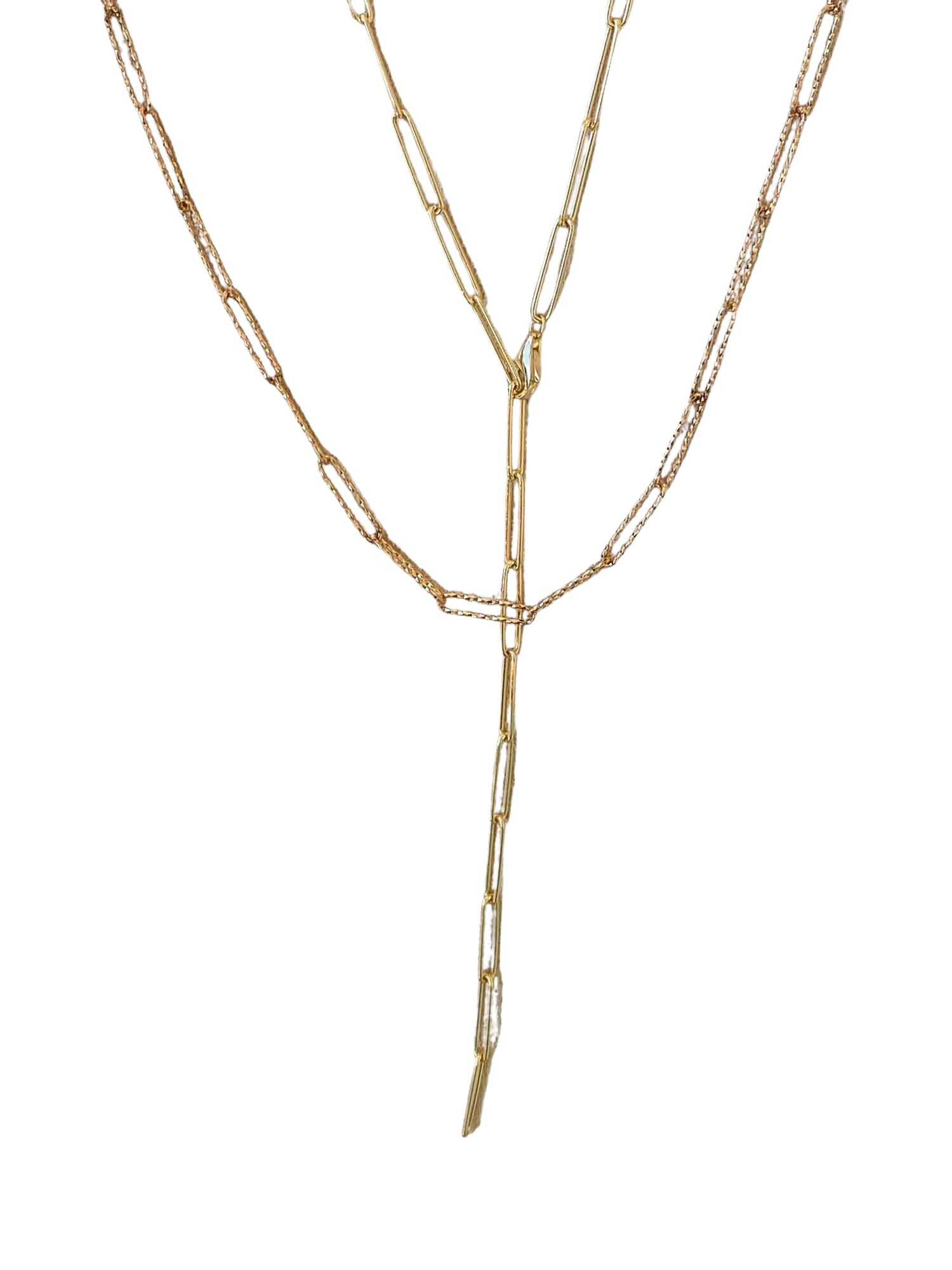 14K Yellow Gold Textured Puff Heart Paperclip Lariat Necklace