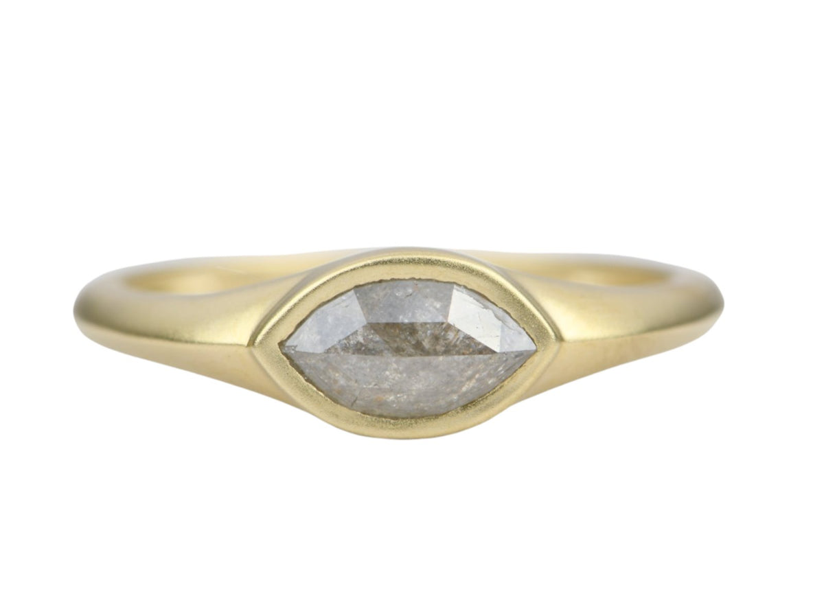 Marquise Salt and Pepper Diamond 14K Yellow Gold Engagement Ring Bezel Set Unique OOAK Misty AD1970 Aurora Designer