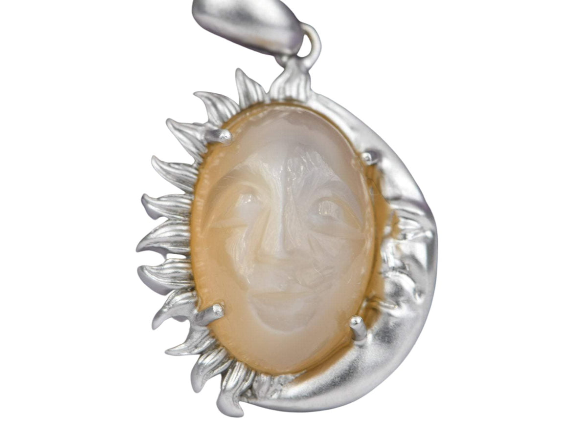 6.06ct Carved Face Peach Moonstone 14K White Gold Matte Finish Celestial Necklace Crescent AD1972 Aurora Designer