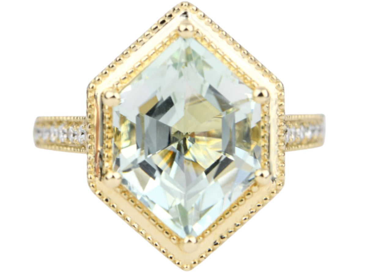 4.33ct Hexagon Green Amethyst 14K Yellow Gold Engagement Ring Milgrain Moissanite Pave Shank AD1995 Aurora Designer