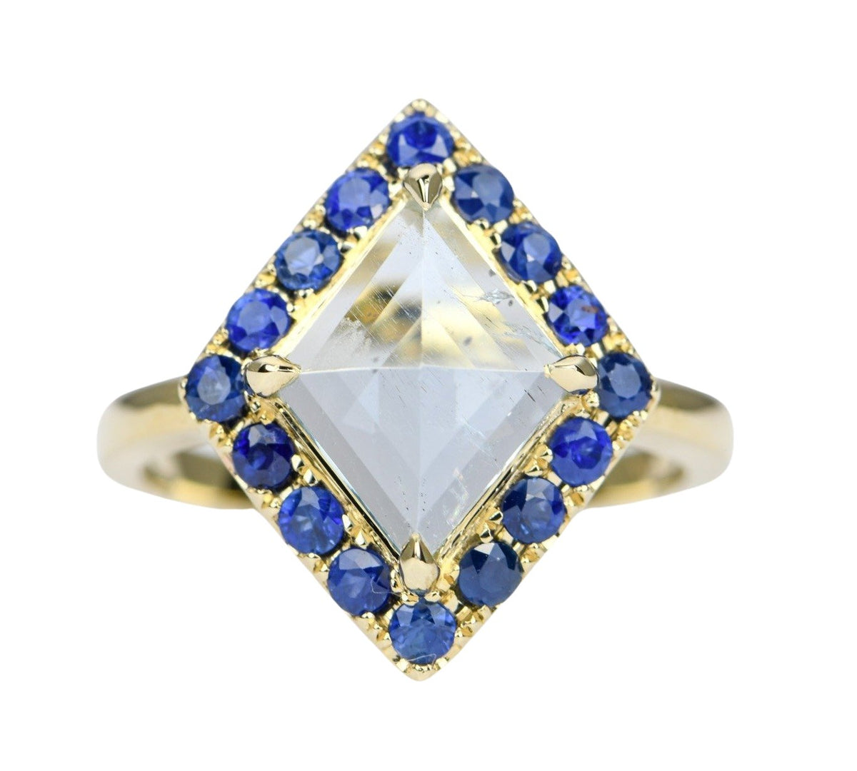 Kite Shape Aquamarine Blue Sapphire Halo 14K Yellow Gold Engagement Ring Alternative Bride AD1997 Aurora Designer