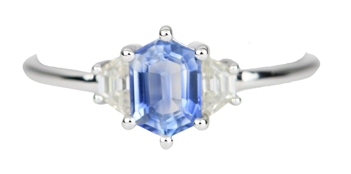 Hexagon Blue Sapphire with Moissanite Sides 14K White Gold Ring Diamond Alternative AD2010 Aurora Designer