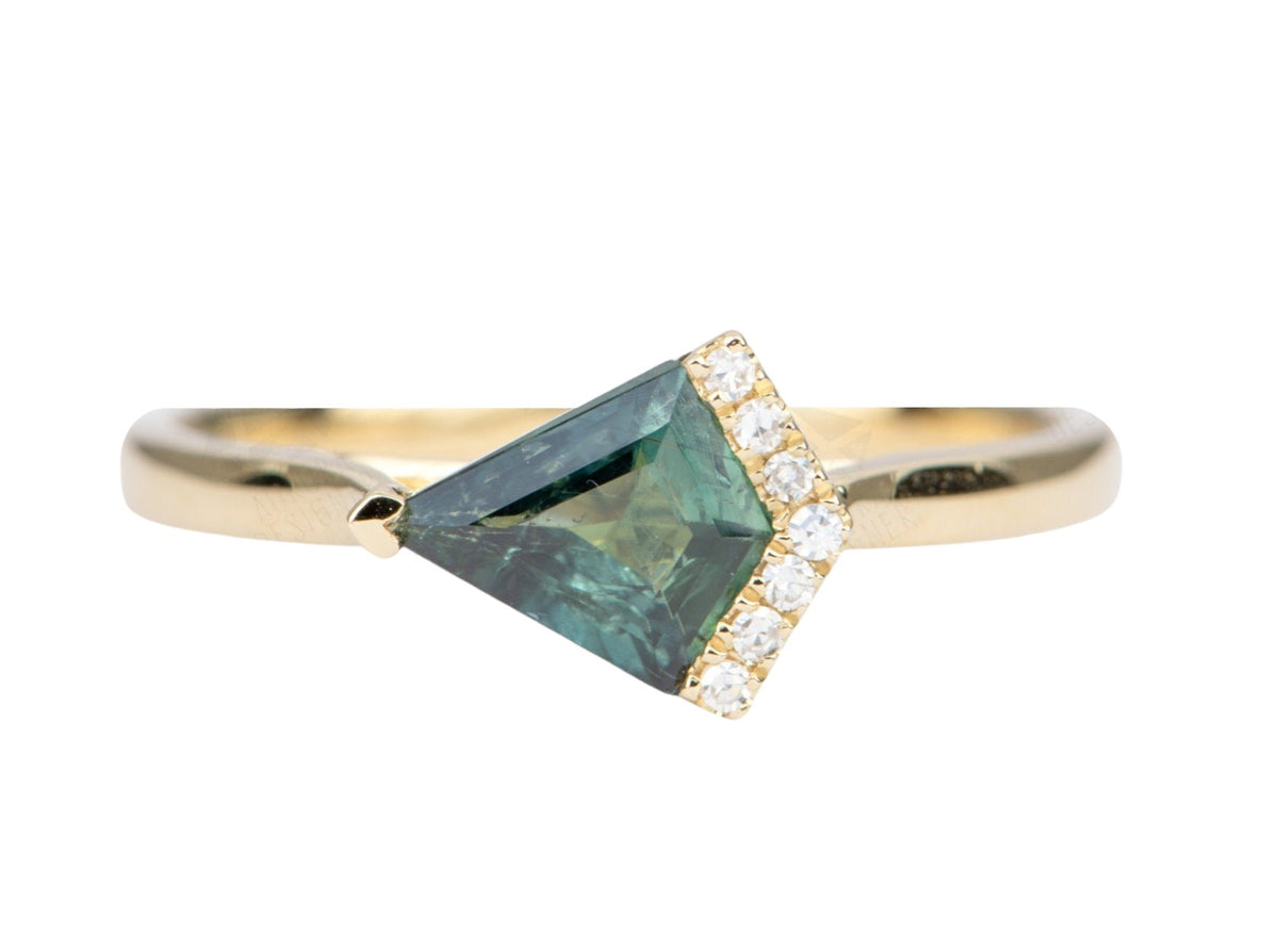 Kite Shape Sapphire Sideways Diamond Half Halo Engagement Ring 14K Yellow Gold Unique OOAK AD2014 Aurora Designer
