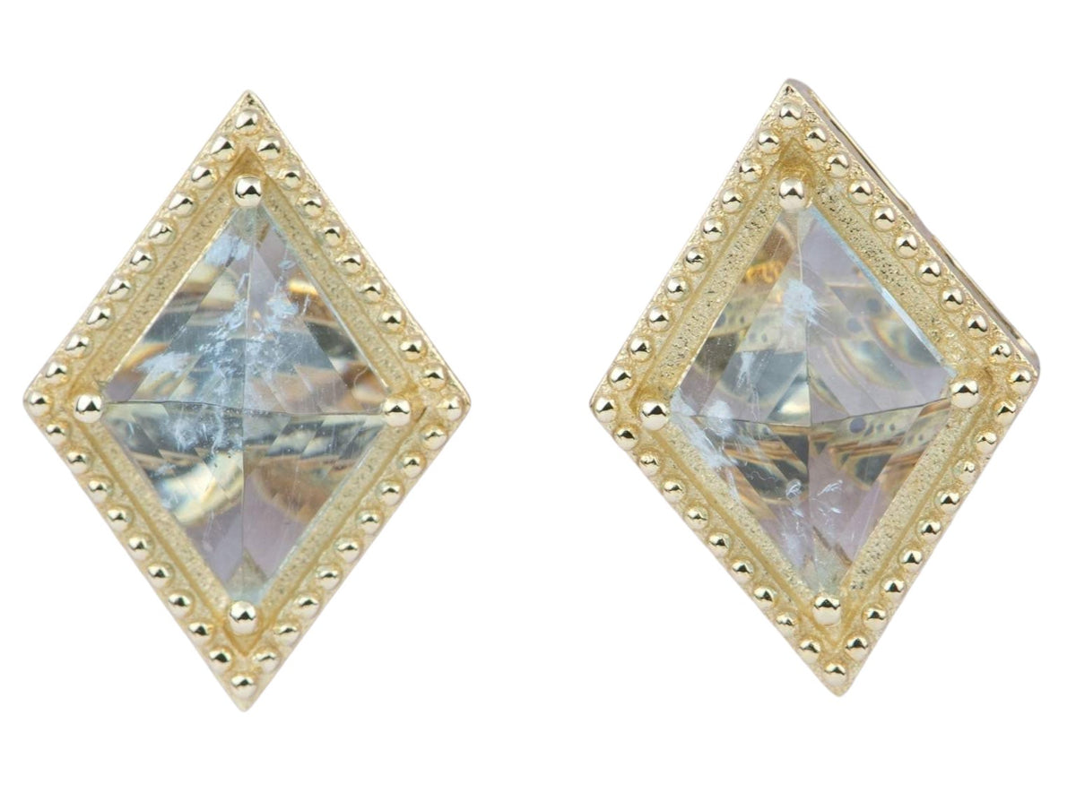 Kite Shape Aquamarine Unique Earrings 14K Yellow Gold Ear Studs Milgrain Edge Birthday AD2015-2 Aurora Designer