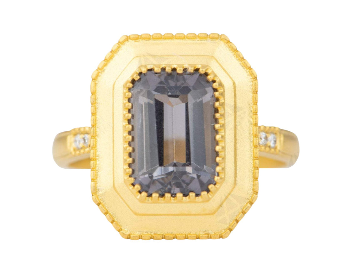 2.46ct Silver Gray Spinel 18K Yellow Gold Engagement Ring Diamond Shank Dark Stormy Gray AD2041 Aurora Designer