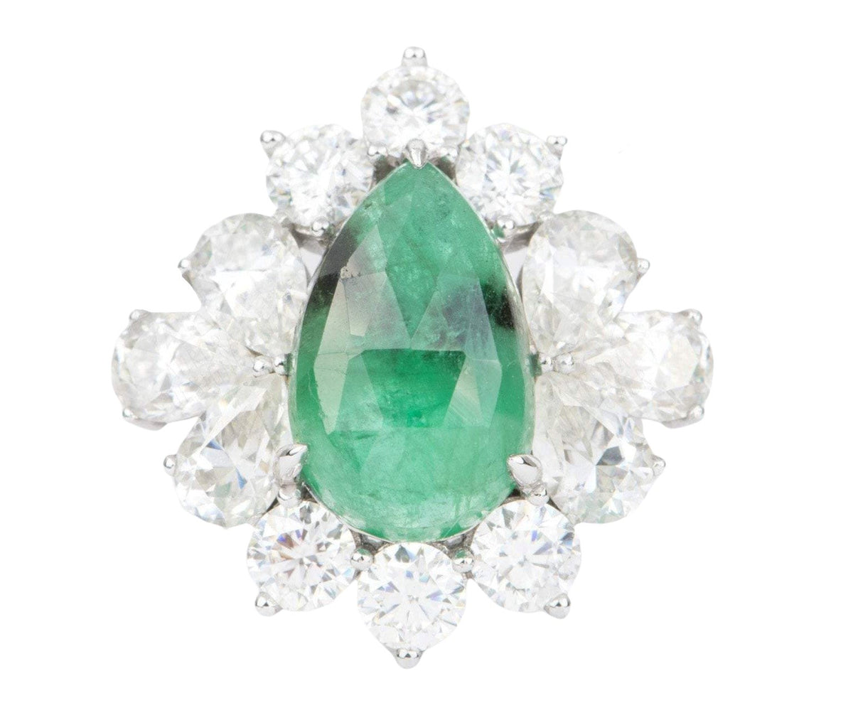 8.8ctw Emerald with Moissanite Halo Statement Ring 14K White Gold Pear Shape Unique OOAK AD2089 Aurora Designer