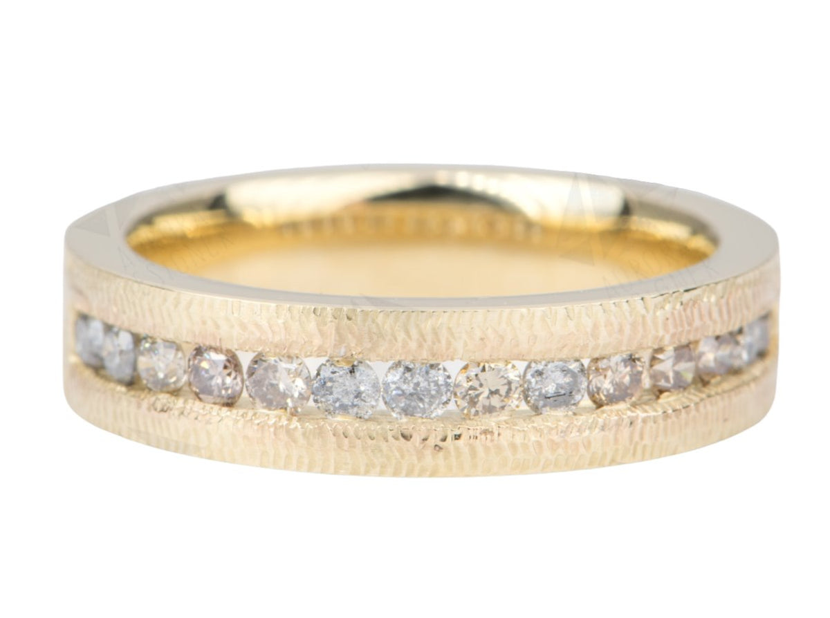 Salt and Pepper &amp; Champagne Diamond Ring Channel Setting 14K Gold 5mm Wedding Band Textured AD2094 Aurora Designer