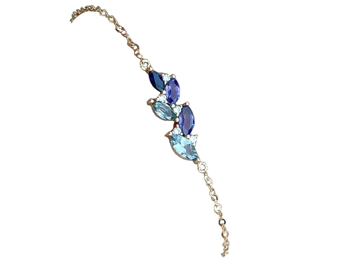 Blue Purple Sapphire Diamond Cluster Chain Link Bracelet 14K Gold Marquise Mint Green AD2096 Aurora Designer