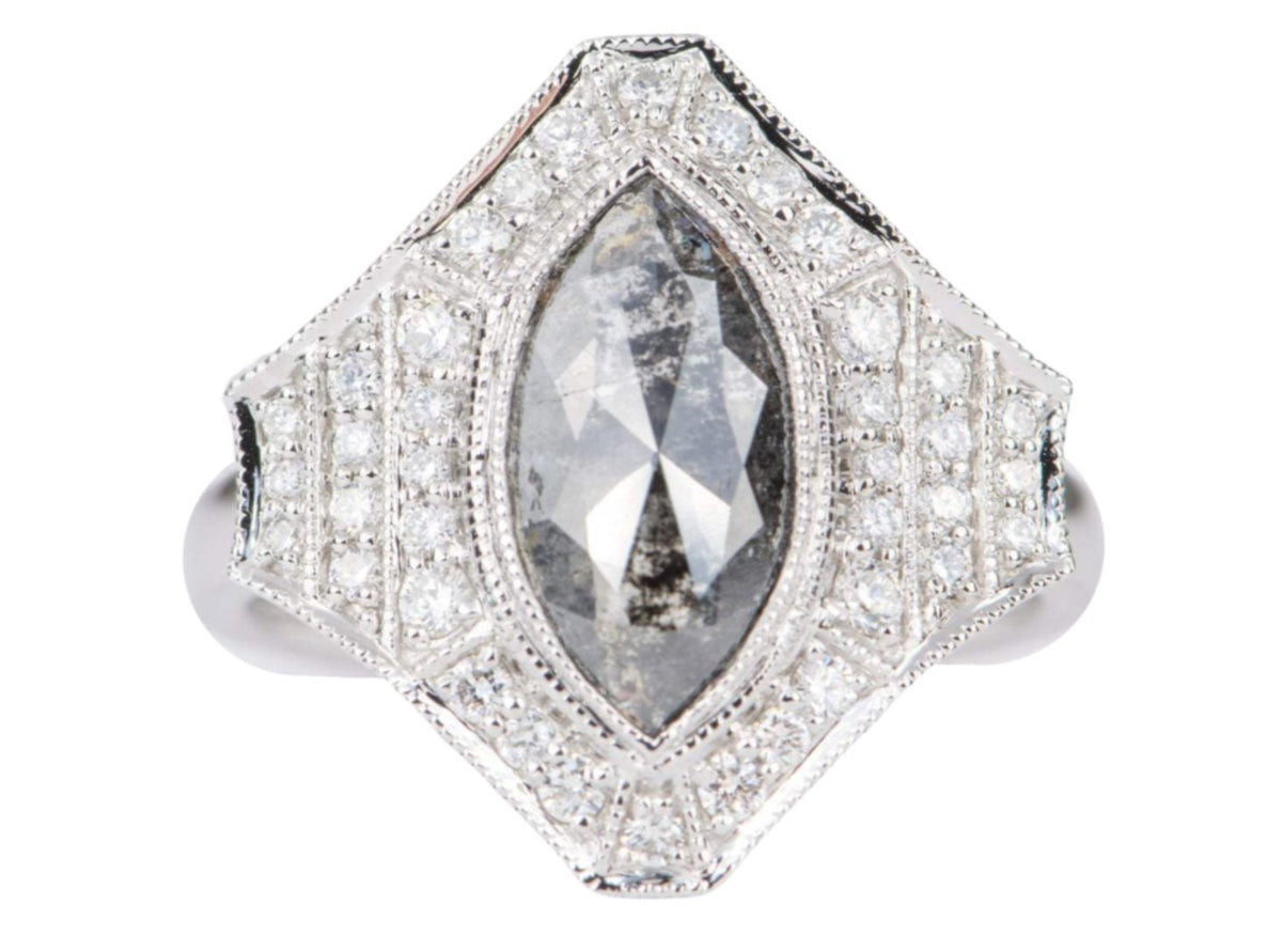 Statement Salt and Pepper Diamond with Halo Engagement Ring 14K White Gold Marquise AD2119 Aurora Designer