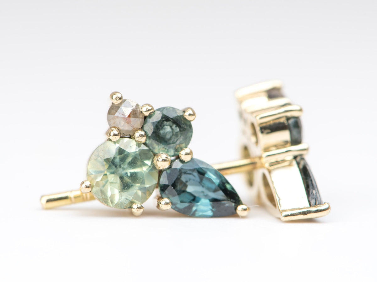 Teal Blue Sapphire Diamond Cluster Earrings 14K Gold AD2135 Aurora Designer