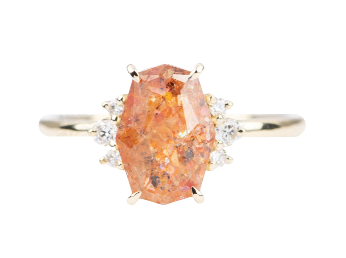 Sunstone 14K Yellow Gold Engagement Ring Diamond Sides Alternative Bride Orange Pink Sparkle AD2179 Aurora Designer