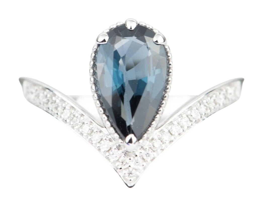 Pear Shape Blue Spinel Unique Engagement Ring 14K White Gold Milgrain Edge Vintage AD2192 Aurora Designer