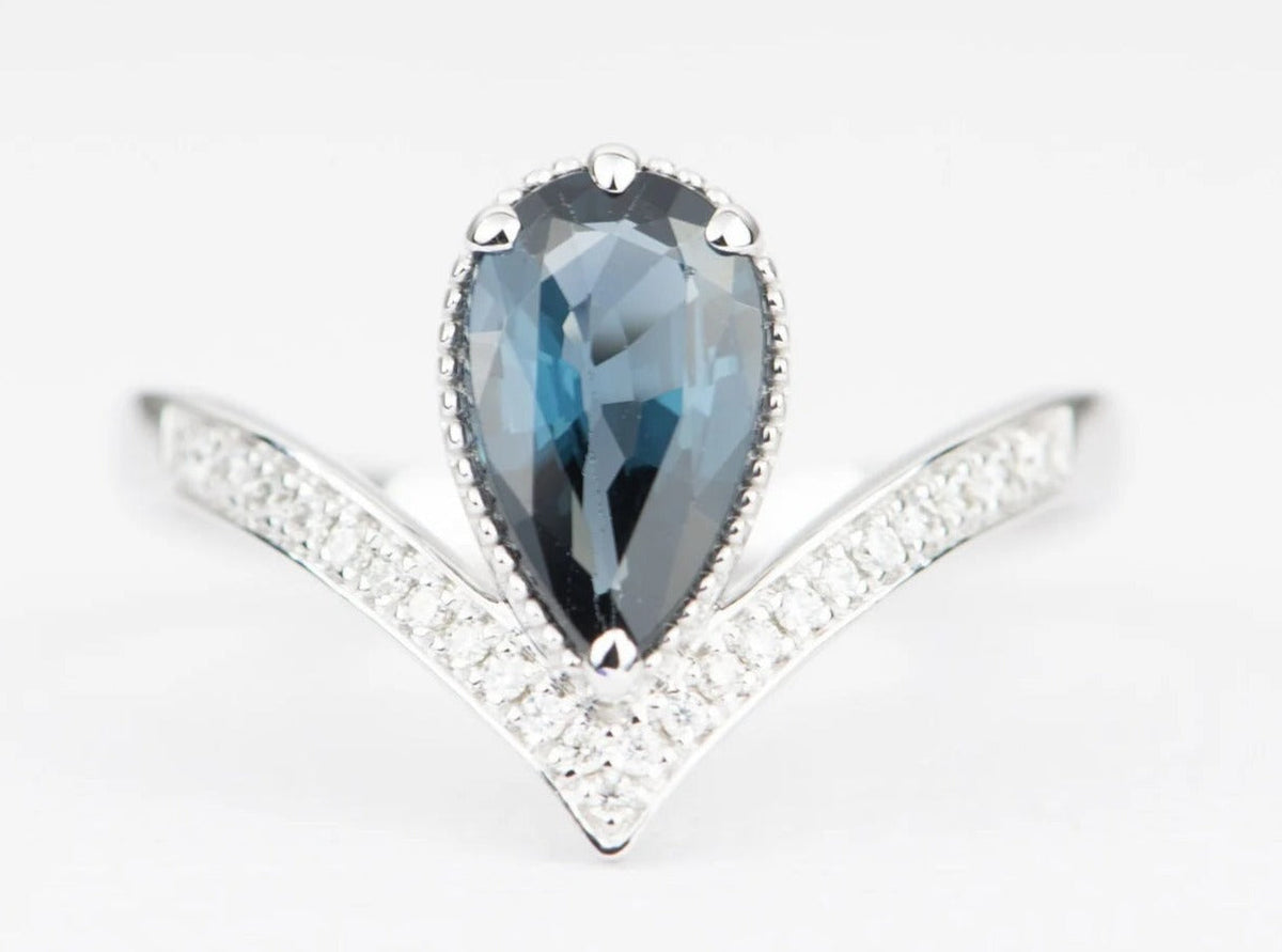 Pear Shape Blue Spinel Unique Engagement Ring 14K White Gold Milgrain Edge Vintage AD2192 Aurora Designer
