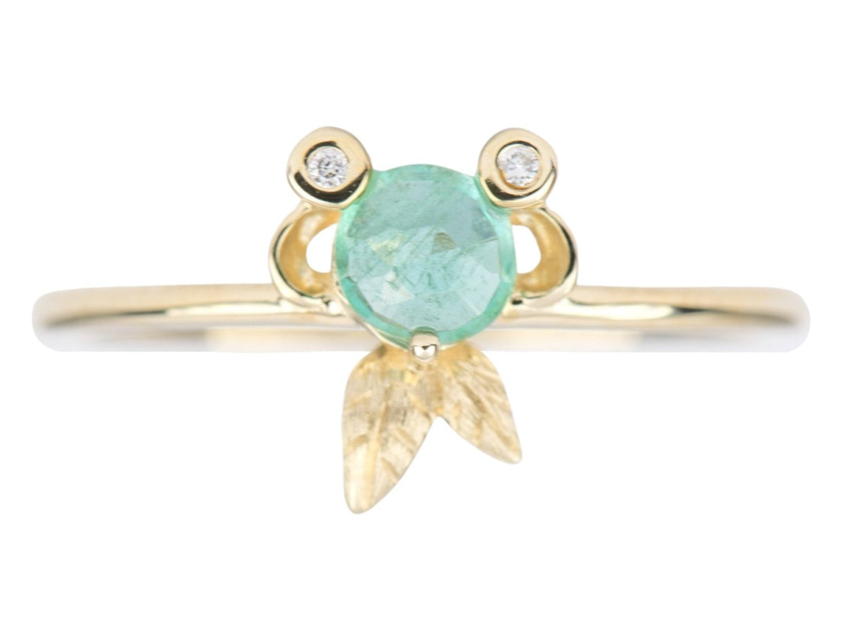 Rose Cut Emerald and Diamond 14K Yellow Gold Fish Ring Gift For Her Anniversary Gift May AD2193 Aurora Designer