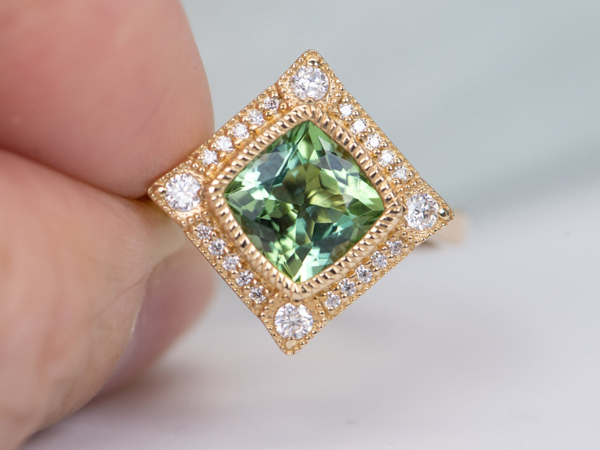1.5ct Mint Green Tourmaline 14K Gold Moissanite Halo Engagement Ring AD2219-3 Aurora Designer