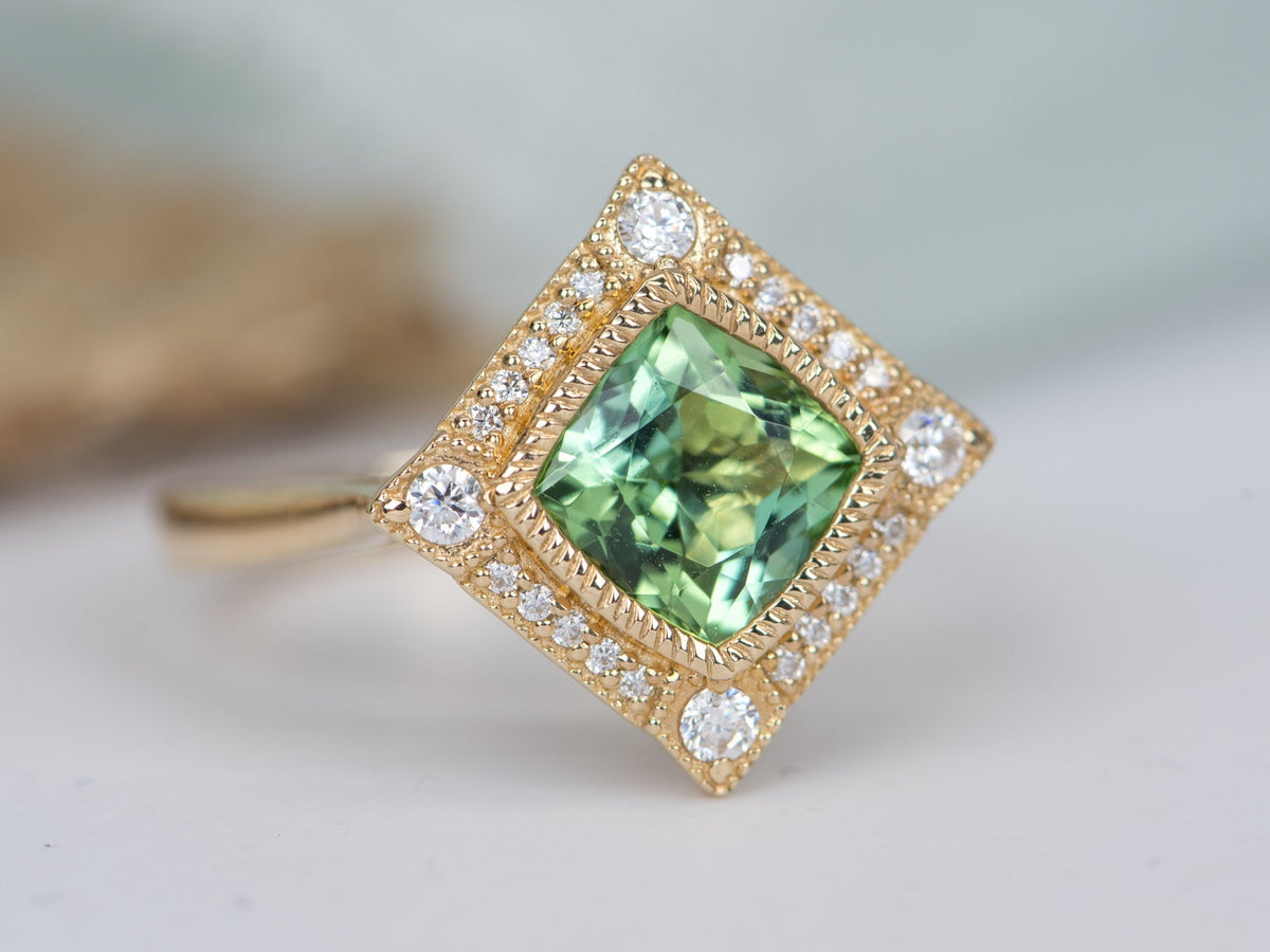 1.5ct Mint Green Tourmaline 14K Gold Moissanite Halo Engagement Ring AD2219-3 Aurora Designer