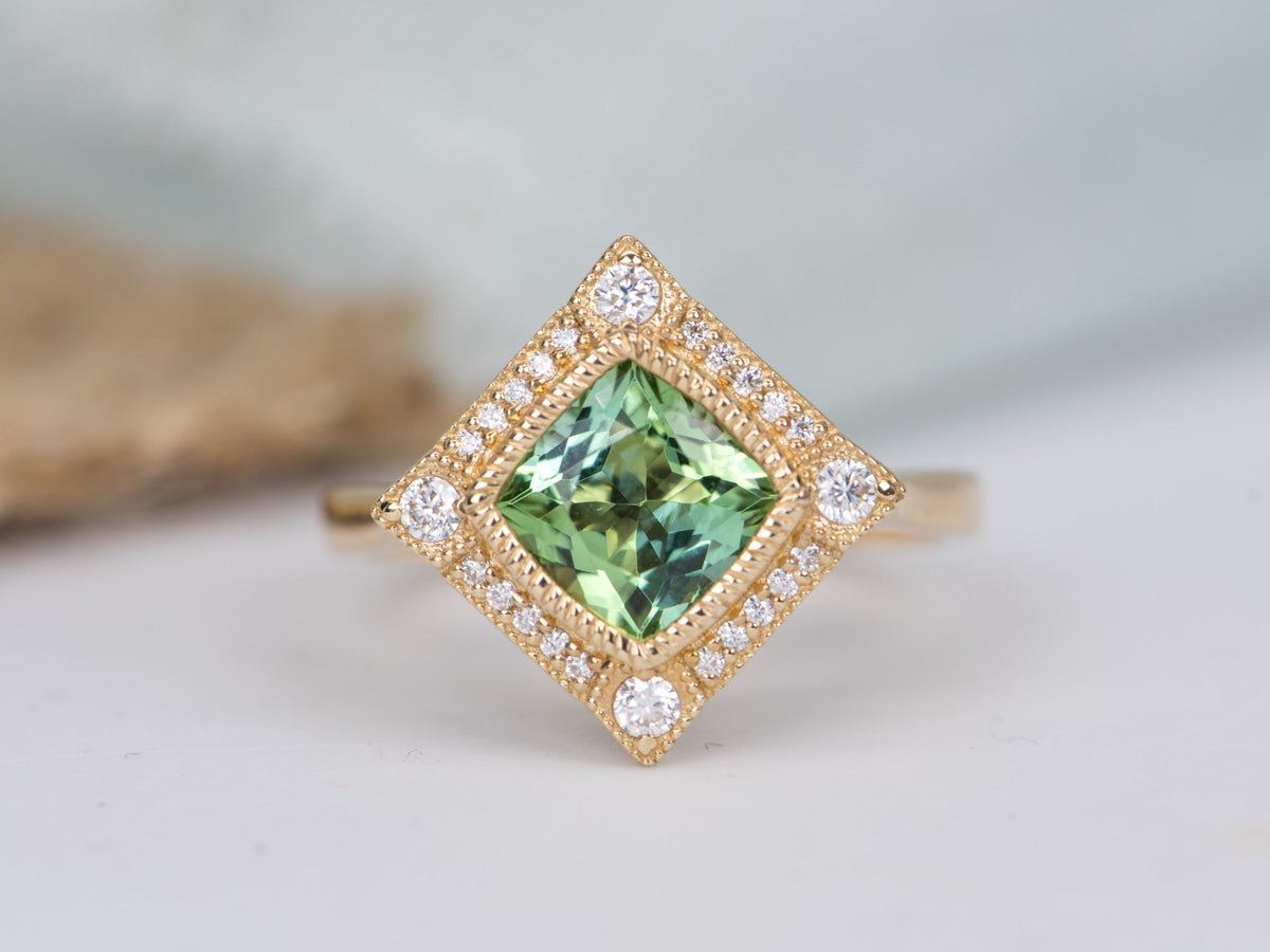 1.5ct Mint Green Tourmaline 14K Gold Moissanite Halo Engagement Ring AD2219-3 Aurora Designer