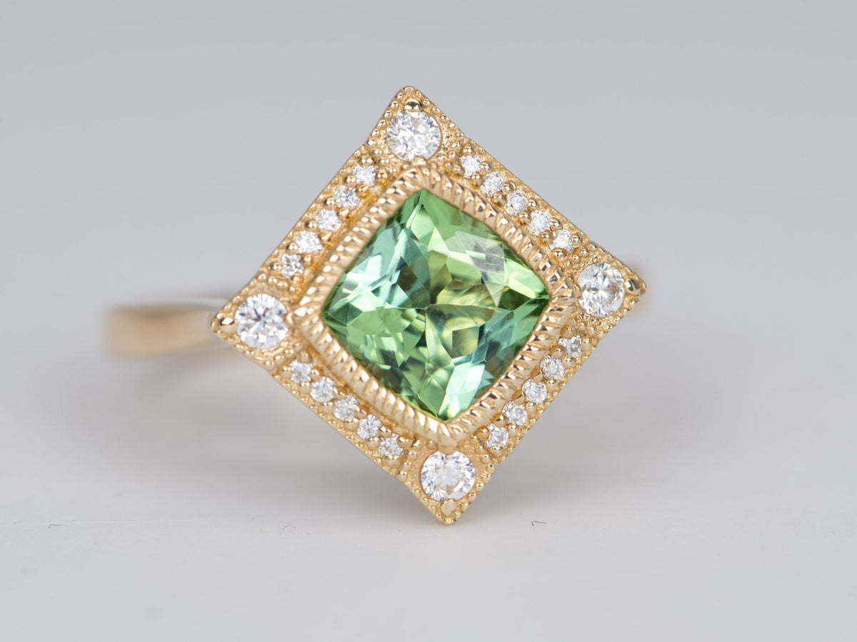 1.5ct Mint Green Tourmaline 14K Gold Moissanite Halo Engagement Ring AD2219-3 Aurora Designer