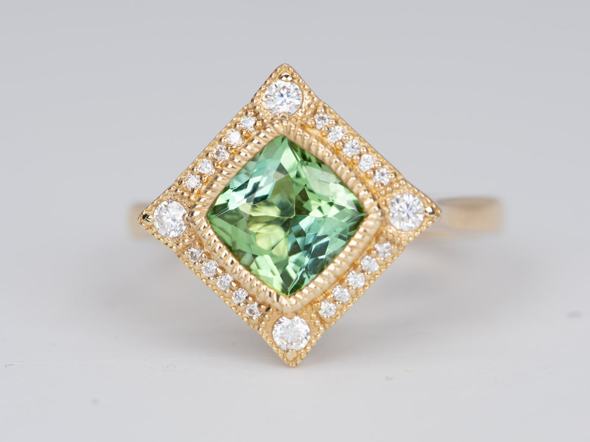 1.5ct Mint Green Tourmaline 14K Gold Moissanite Halo Engagement Ring AD2219-3 Aurora Designer