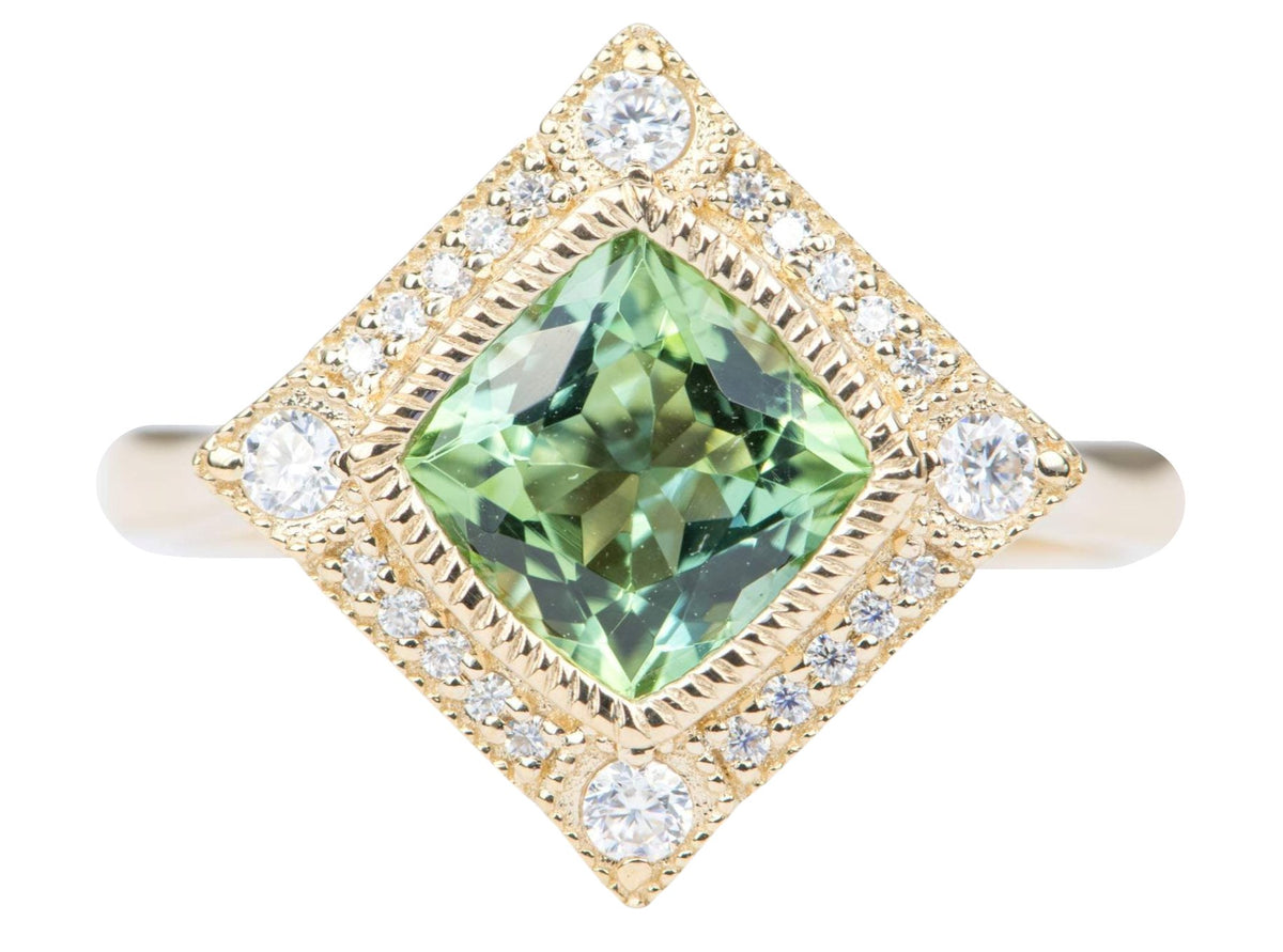 Green Tourmaline 14K Yellow Gold Moissanite Halo Engagement Ring Bezel Set Milgrain Unique AD2219-3 Aurora Designer