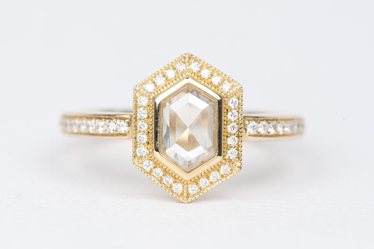 Hexagon Diamond Halo Engagement Ring 14K Yellow Gold Bezel Set Milgrain Edge Clear Rose AD2230-1 Aurora Designer