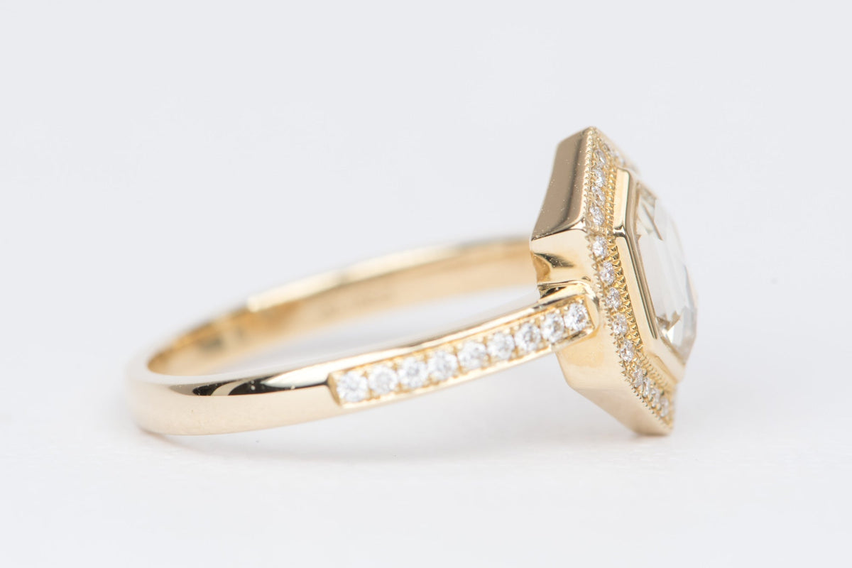 Hexagon Diamond Halo Engagement Ring 14K Yellow Gold Bezel Set Milgrain Edge Clear Rose AD2230-1 Aurora Designer