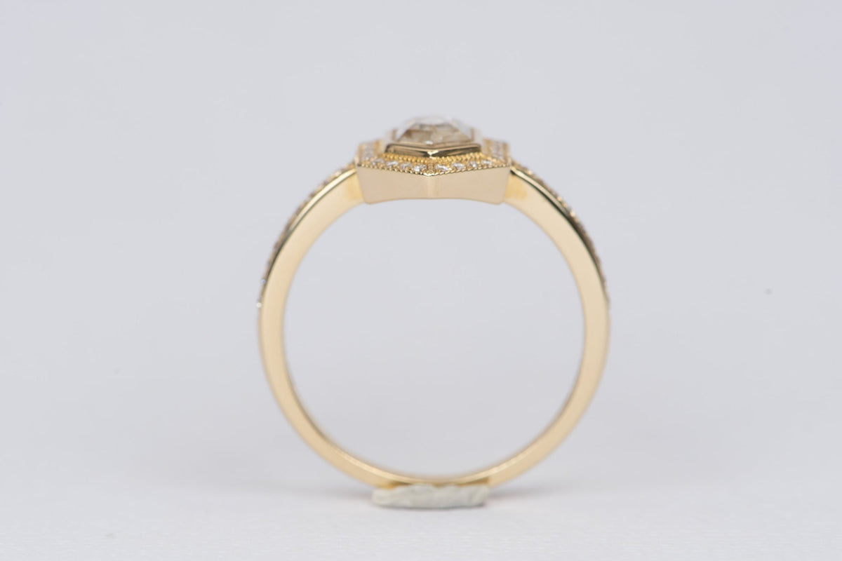 Hexagon Diamond Halo Engagement Ring 14K Yellow Gold Bezel Set Milgrain Edge Clear Rose AD2230-1 Aurora Designer