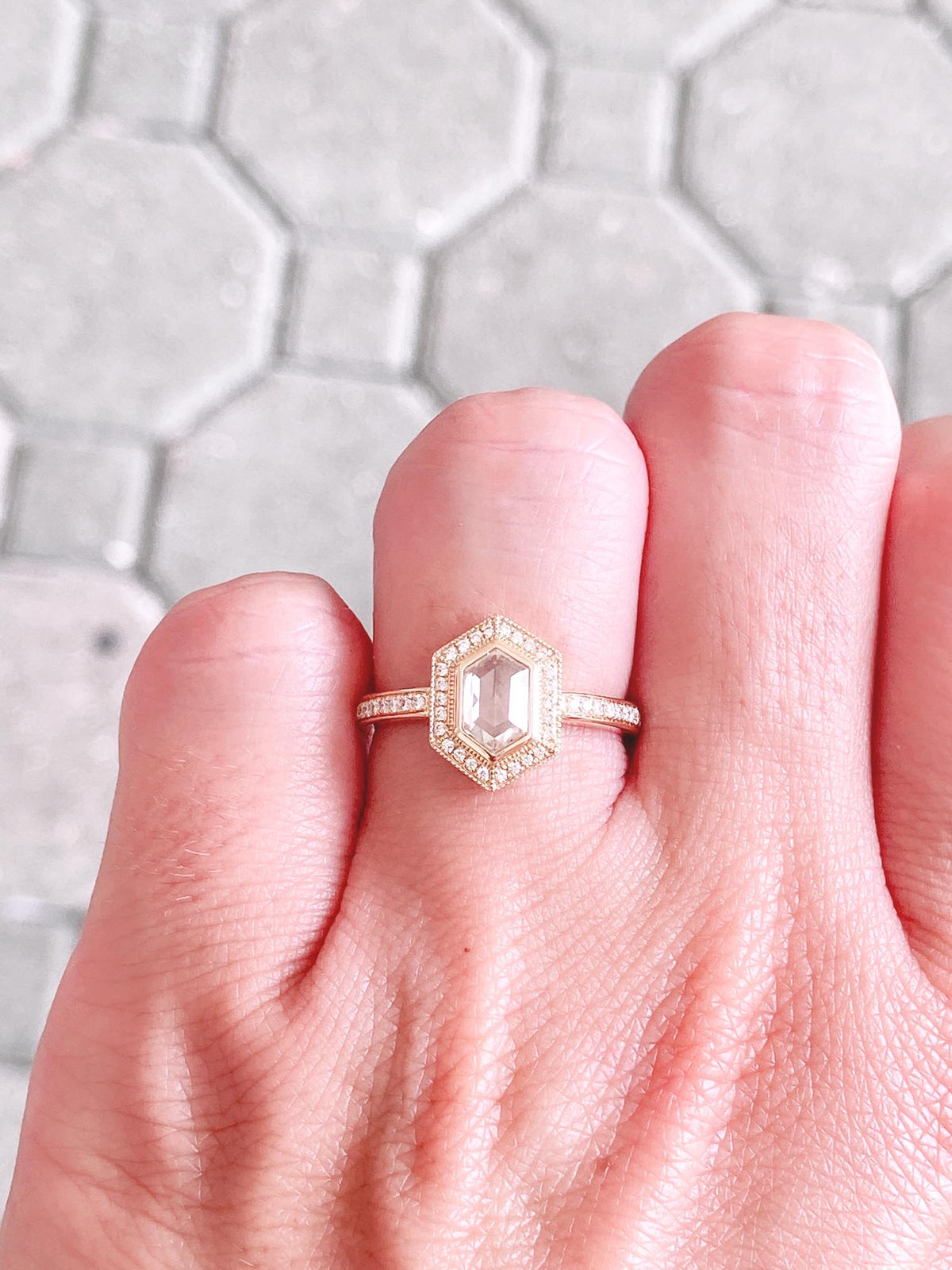 Hexagon Diamond Halo Engagement Ring 14K Yellow Gold Bezel Set Milgrain Edge Clear Rose AD2230-1 Aurora Designer