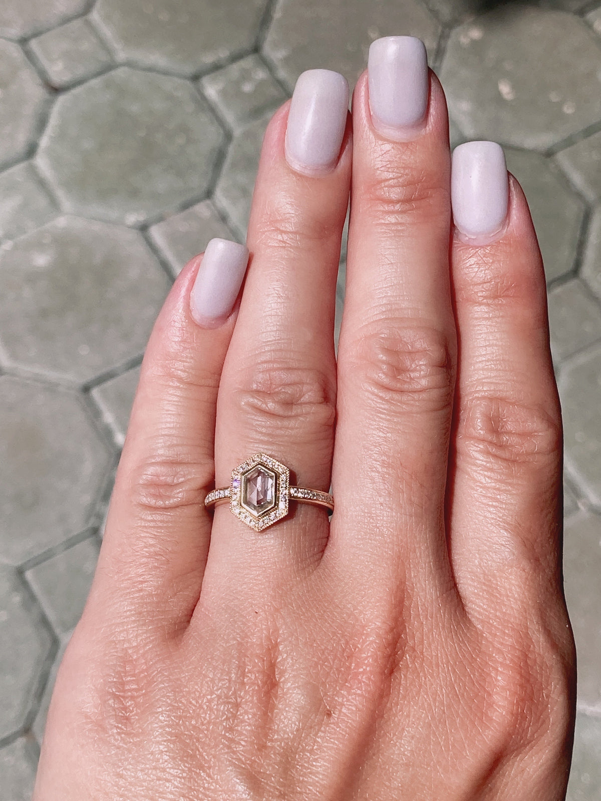 Hexagon Diamond Halo Engagement Ring 14K Yellow Gold Bezel Set Milgrain Edge Clear Rose AD2230-1 Aurora Designer