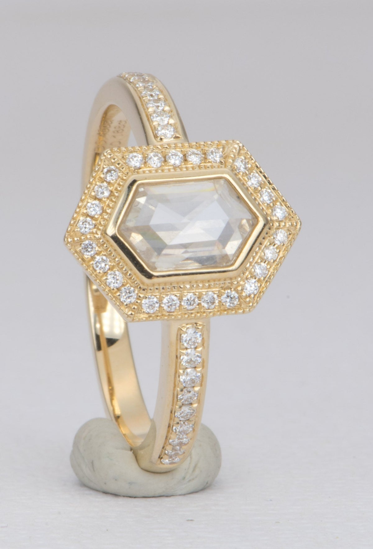 Hexagon Diamond Halo Engagement Ring 14K Yellow Gold Bezel Set Milgrain Edge Clear Rose AD2230-1 Aurora Designer