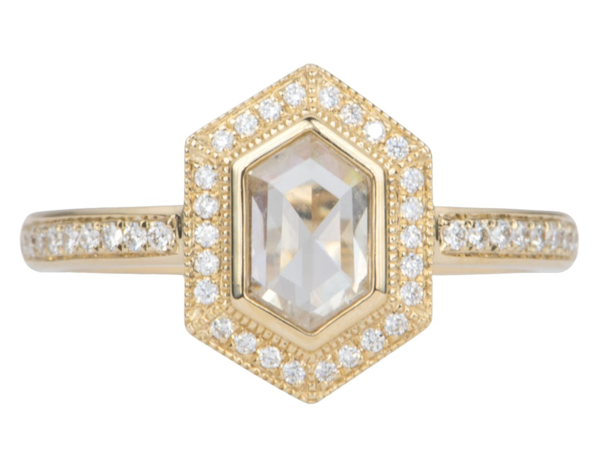 Hexagon Diamond Halo Engagement Ring 14K Yellow Gold Bezel Set Milgrain Edge Clear Rose AD2230-1 Aurora Designer