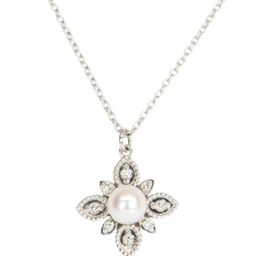 4mm Akoya Pearl Pendant Necklace 18K White Gold Diamond Accents Full Round Pearl June AD2278 Aurora Designer